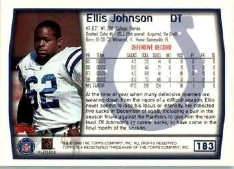 1999 Topps #183 Ellis Johnson EX Excellent Indianapolis Colts Football Card - Football Card Single