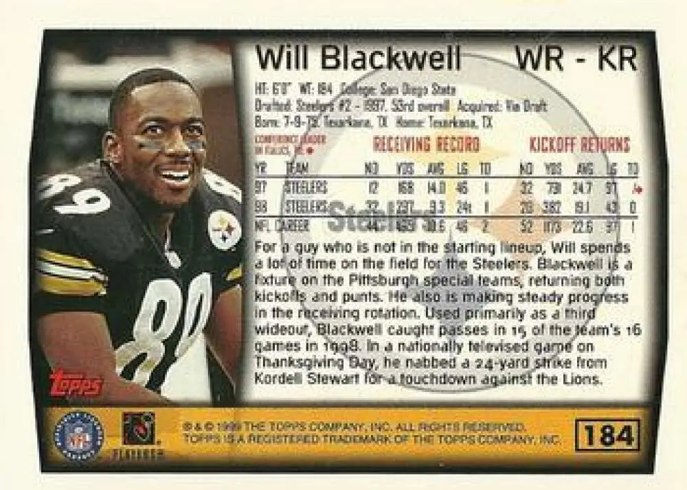 1999 Topps #184 Will Blackwell EX Excellent Pittsburgh Steelers Football Card - Football Card Single