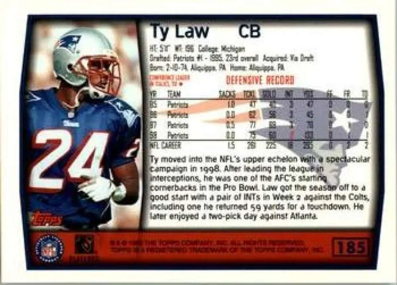 1999 Topps #185 Ty Law EX Excellent New England Patriots Football Card - Football Card Single