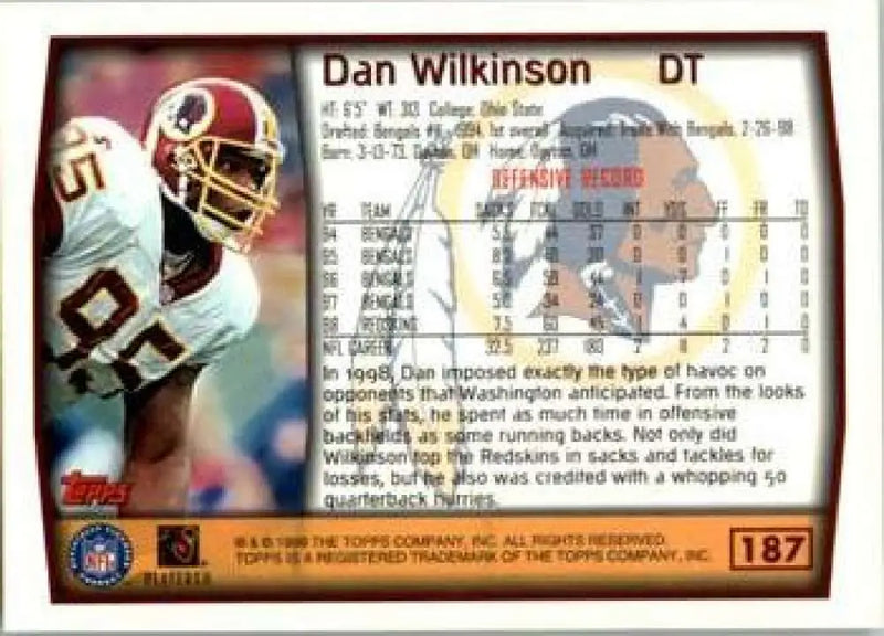 1999 Topps #187 Dan Wilkinson EX Excellent Washington Redskins Football Card - Football Card Single