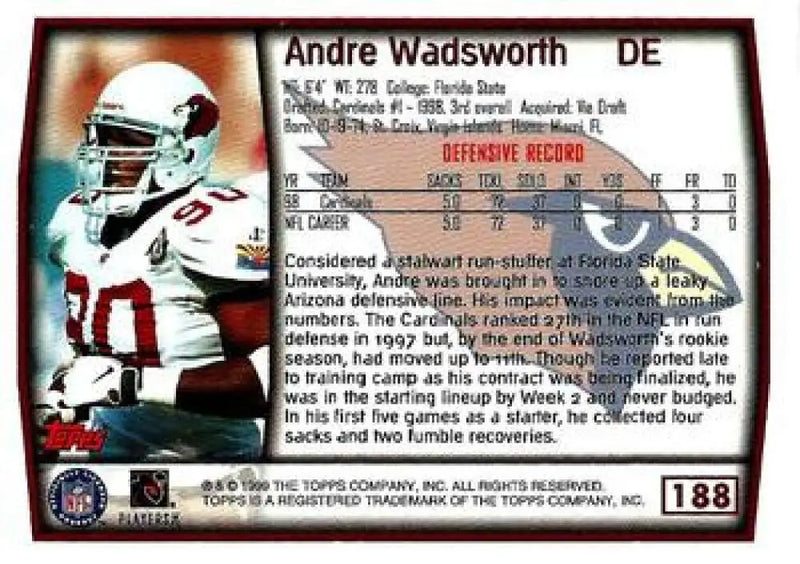 1999 Topps #188 Andre Wadsworth EX Excellent Arizona Cardinals Football Card - Football Card Single
