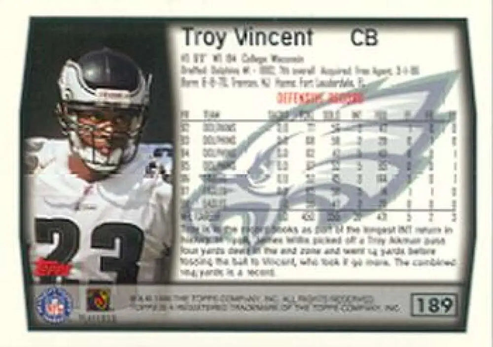 1999 Topps #189 Troy Vincent EX Excellent Philadelphia Eagles Football Card - Football Card Single