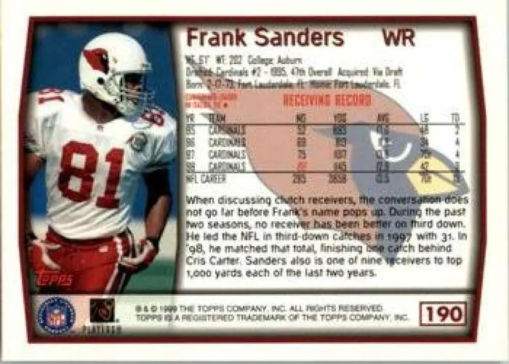 1999 Topps #190 Frank Sanders EX Excellent Arizona Cardinals Football Card - Football Card Single