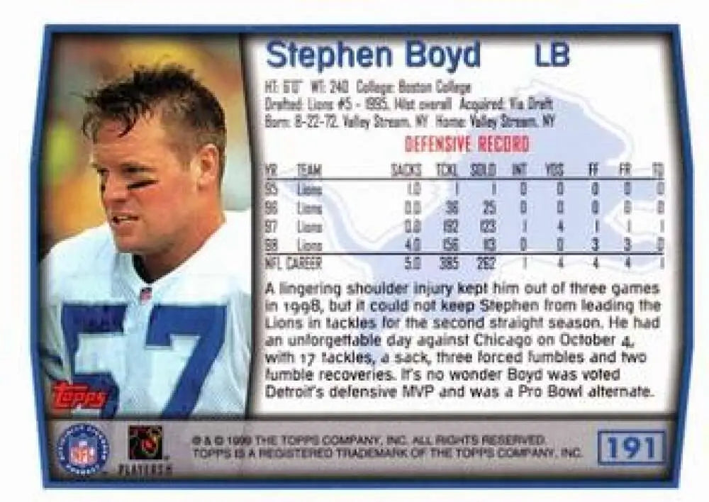 1999 Topps #191 Stephen Boyd EX Excellent Detroit Lions Football Card - Football Card Single