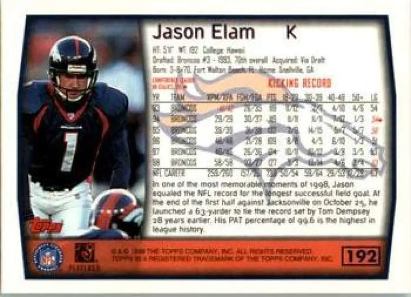 1999 Topps #192 Jason Elam EX Excellent Denver Broncos Football Card - Football Card Single