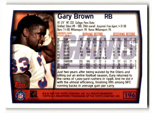 Original gloss Gary Brown football card from 1999 Topps #196 NY Giants