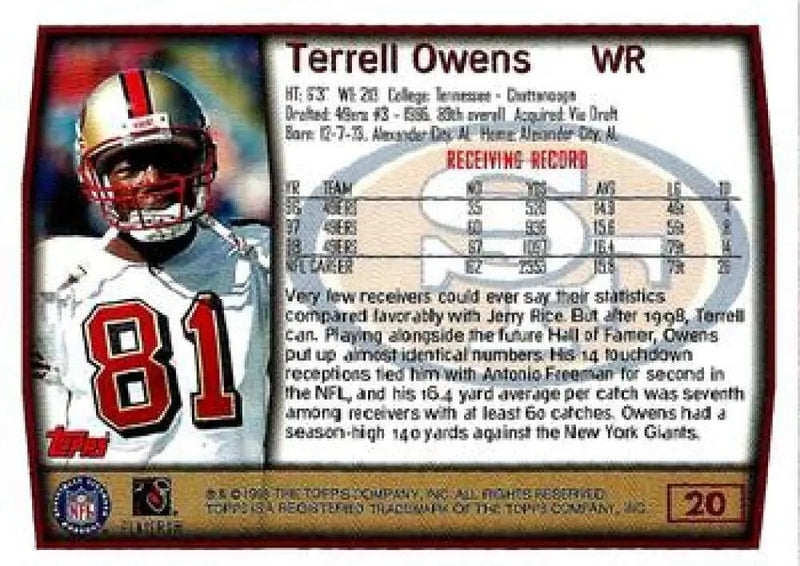 1999 Topps #20 Terrell Owens EX Excellent San Francisco 49ers Football Card - Football Card Single