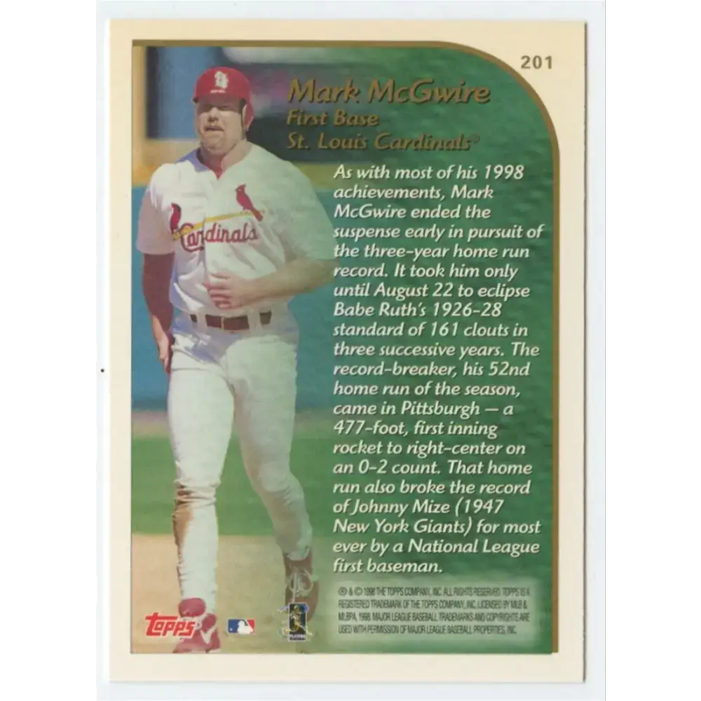 1999 Topps #201 Mark McGwire NM-MT St. Louis Cardinals Baseball Card - Baseball Card Single