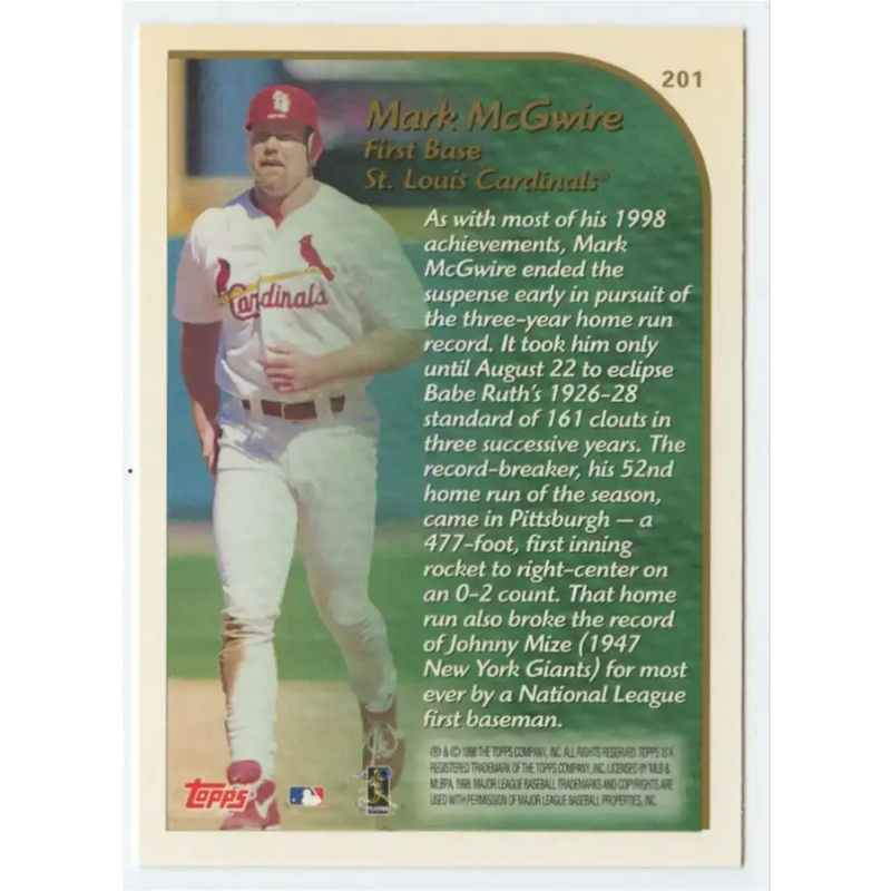 1999 Topps #201 Mark McGwire NM-MT St. Louis Cardinals Baseball Card - Baseball Card Single