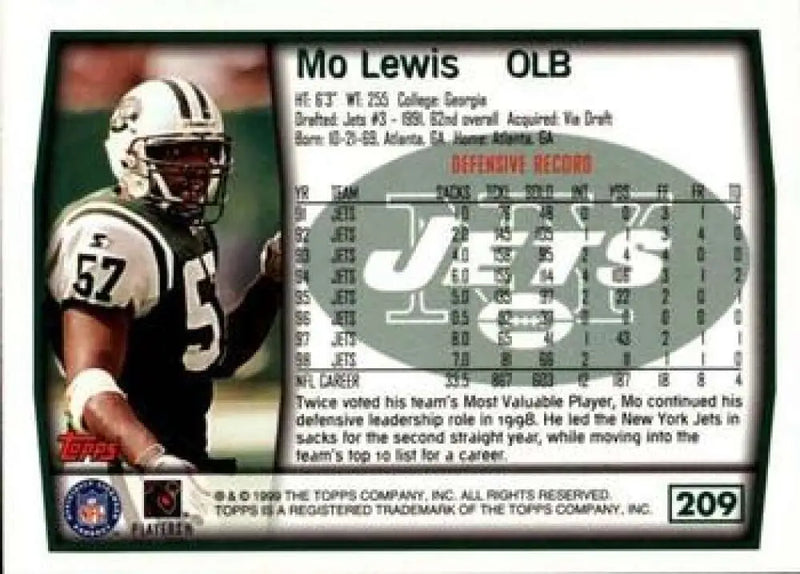 1999 Topps #209 Mo Lewis EX Excellent New York Jets Football Card - Football Card Single