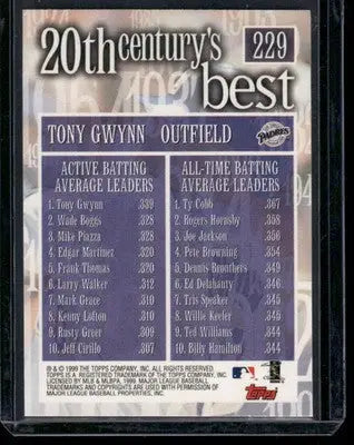 1999 Topps 20th Century’s Best Tony Gwynn #229 Baseball - Baseball Card Single