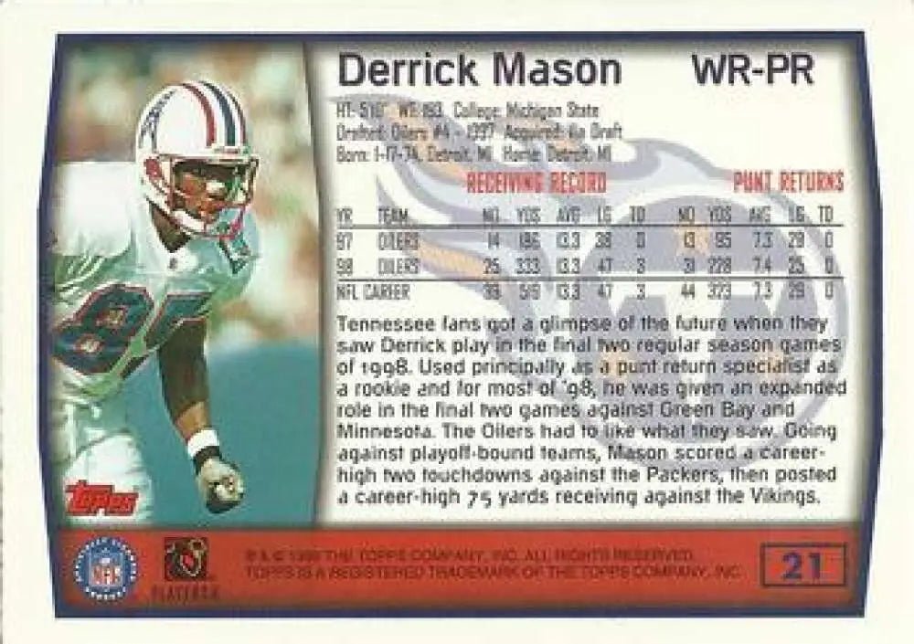 1999 Topps #21 Derrick Mason EX Excellent Tennessee Titans Football Card - Football Card Single