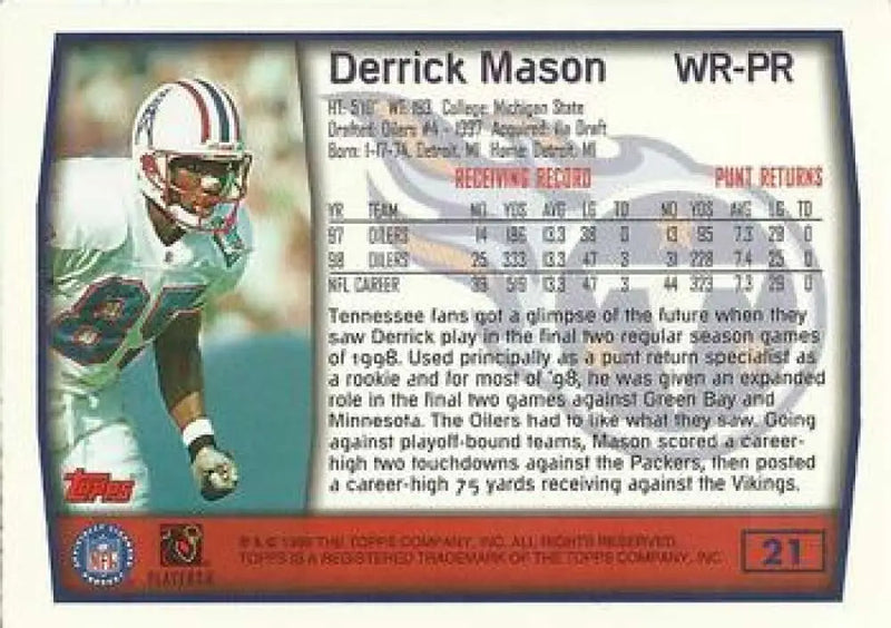 1999 Topps #21 Derrick Mason EX Excellent Tennessee Titans Football Card - Football Card Single