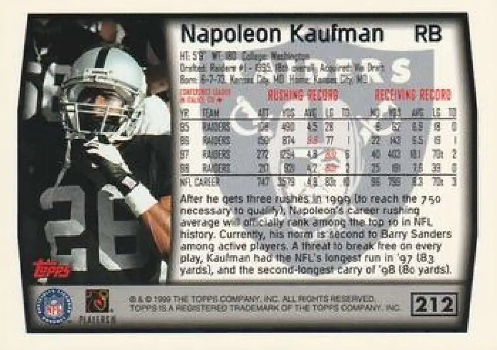 1999 Topps #212 Napoleon Kaufman EX Excellent Oakland Raiders Football Card - Football Card Single