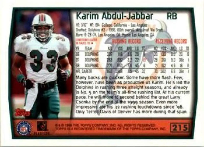 1999 Topps #215 Karim Abdul-Jabbar EX Excellent Miami Dolphins Football Card - Football Card Single
