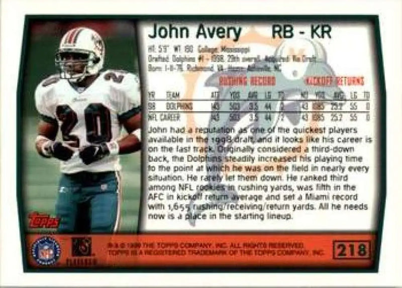 1999 Topps #218 John Avery EX Excellent Miami Dolphins Football Card - Football Card Single