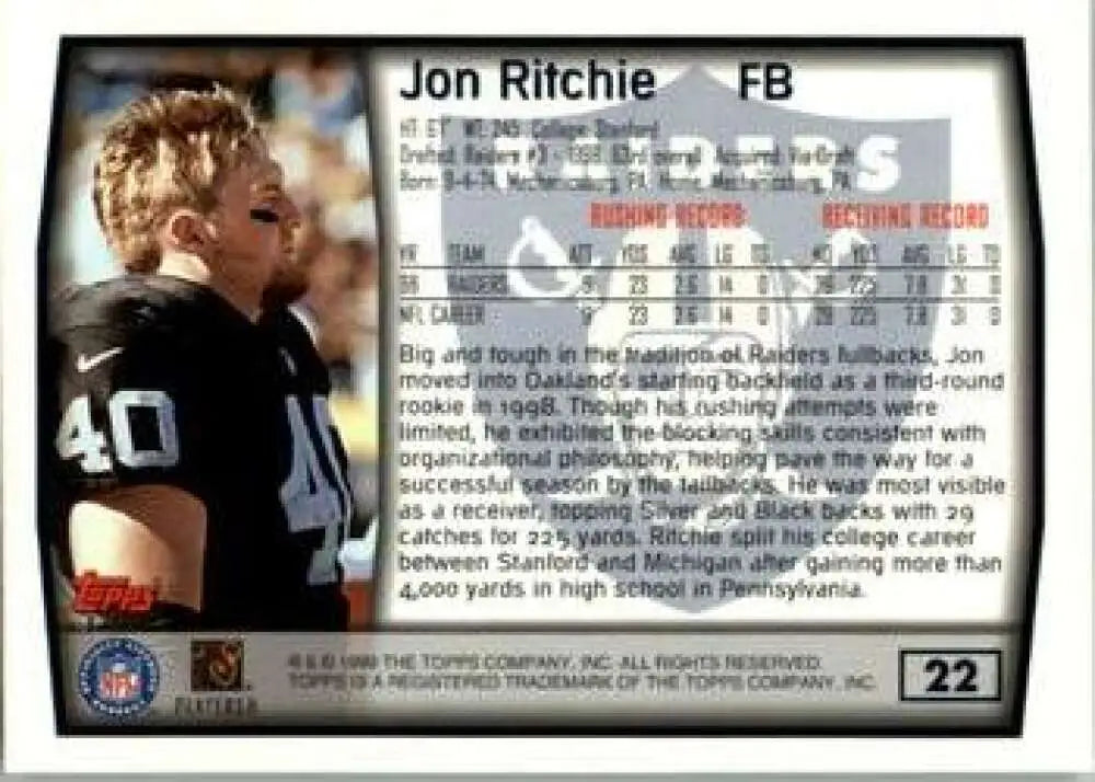 1999 Topps #22 Jon Ritchie EX Excellent Oakland Raiders Football Card - Football Card Single