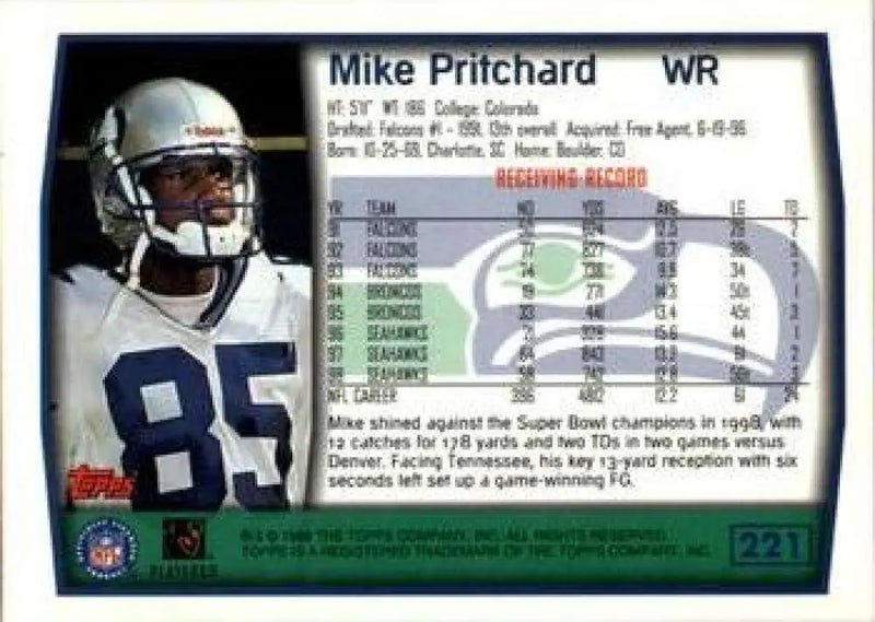 1999 Topps #221 Mike Pritchard EX Excellent Seattle Seahawks Football Card - Football Card Single