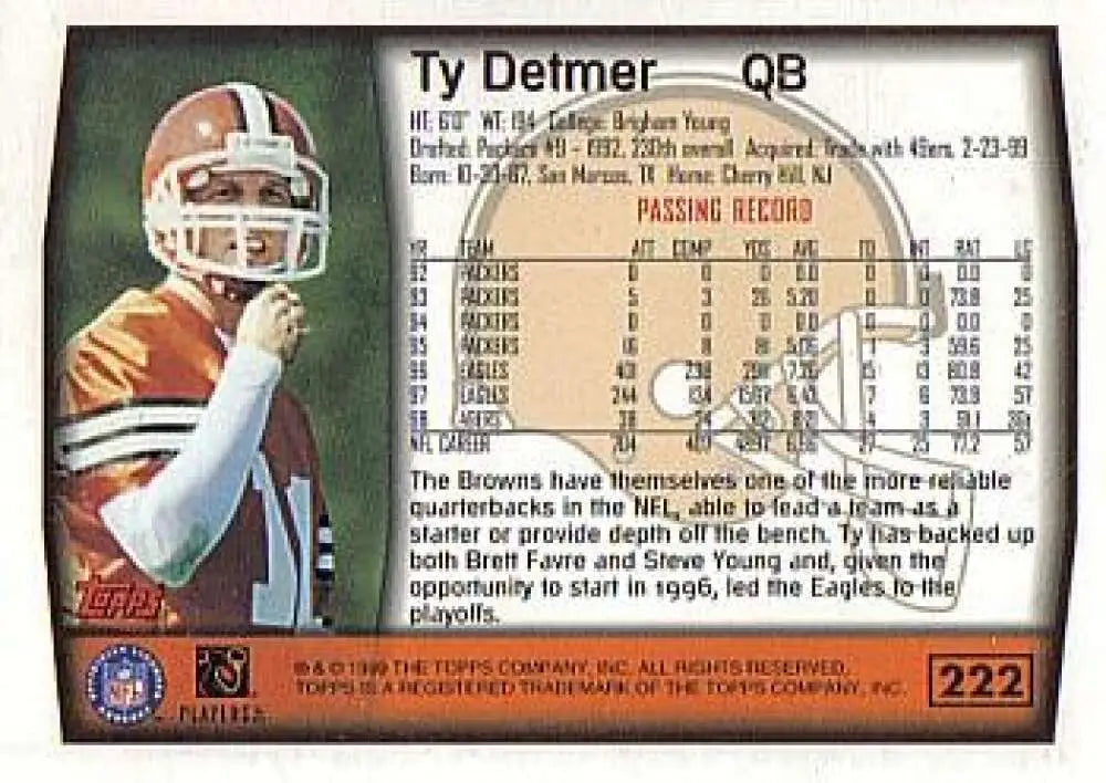1999 Topps #222 Ty Detmer EX Excellent Cleveland Browns Football Card - Football Card Single