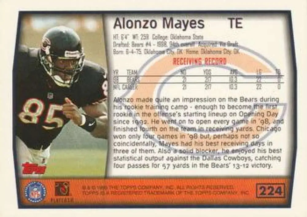 1999 Topps #224 Alonzo Mayes EX Excellent Chicago Bears Football Card - Football Card Single