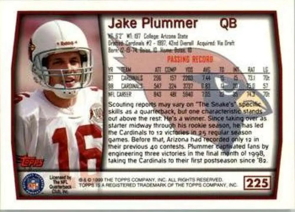 1999 Topps #225 Jake Plummer EX Excellent Arizona Cardinals Football Card - Football Card Single