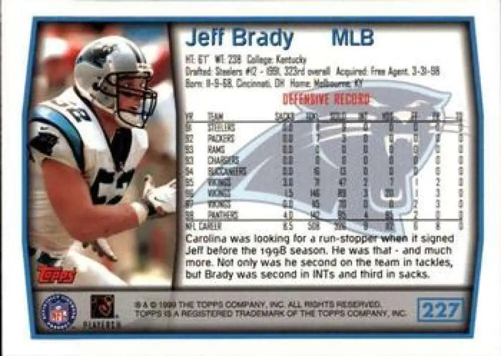 1999 Topps #227 Jeff Brady EX Excellent Carolina Panthers Football Card - Football Card Single