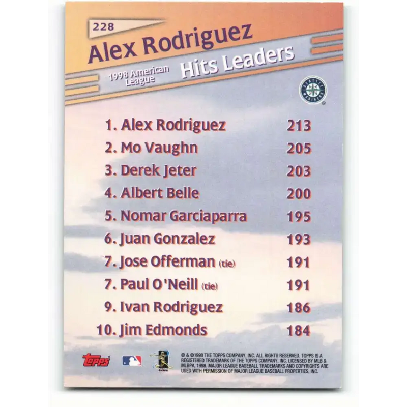 1999 Topps #228 Alex Rodriguez NM-MT Seattle Mariners Baseball Card - Baseball Card Single