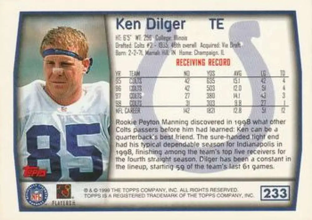 1999 Topps #233 Ken Dilger EX Excellent Indianapolis Colts Football Card - Football Card Single