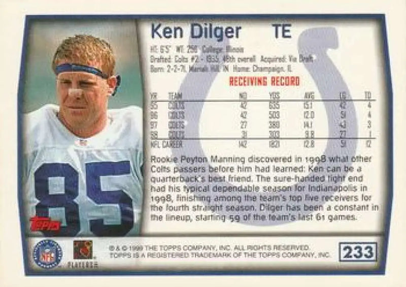 1999 Topps #233 Ken Dilger EX Excellent Indianapolis Colts Football Card - Football Card Single