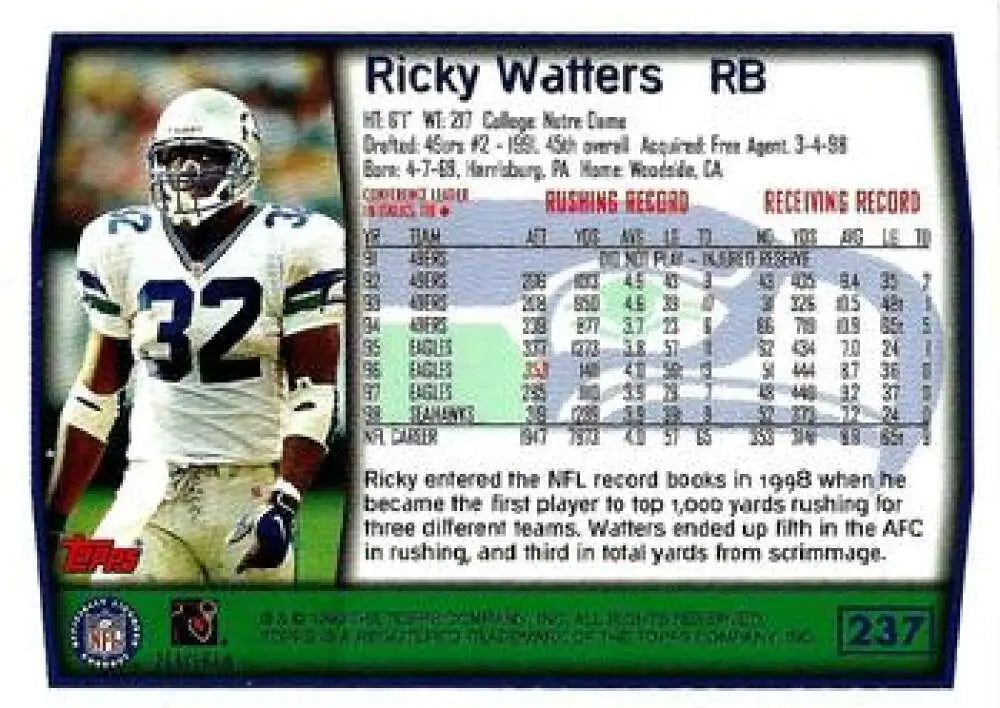 1999 Topps #237 Ricky Watters EX Excellent Seattle Seahawks Football Card - Football Card Single