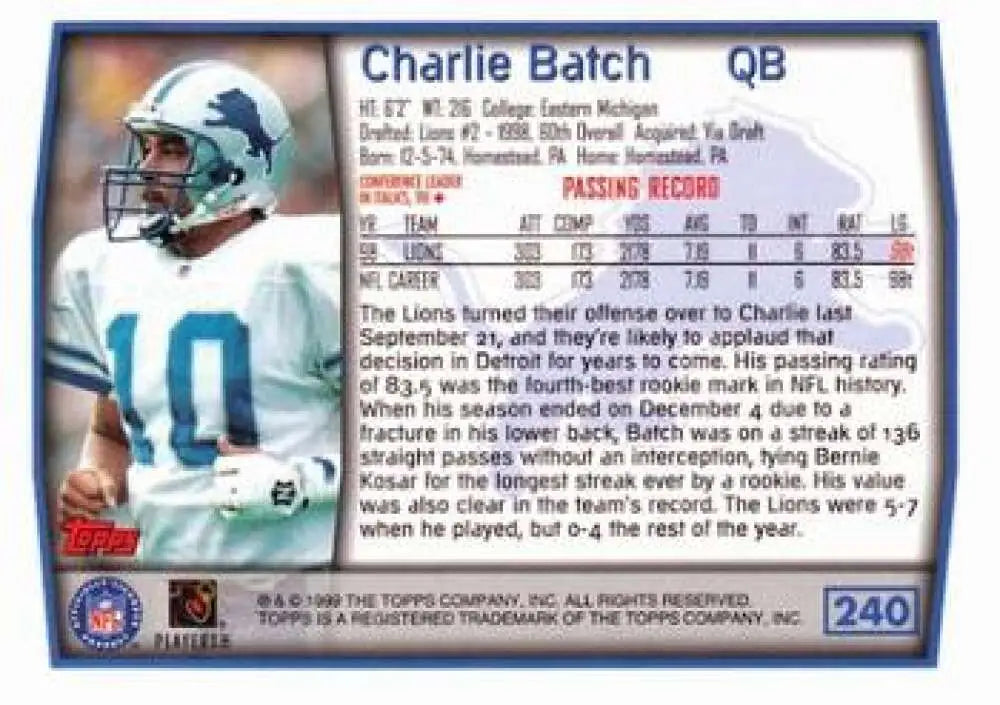1999 Topps #240 Charlie Batch EX Excellent Detroit Lions Football Card - Football Card Single