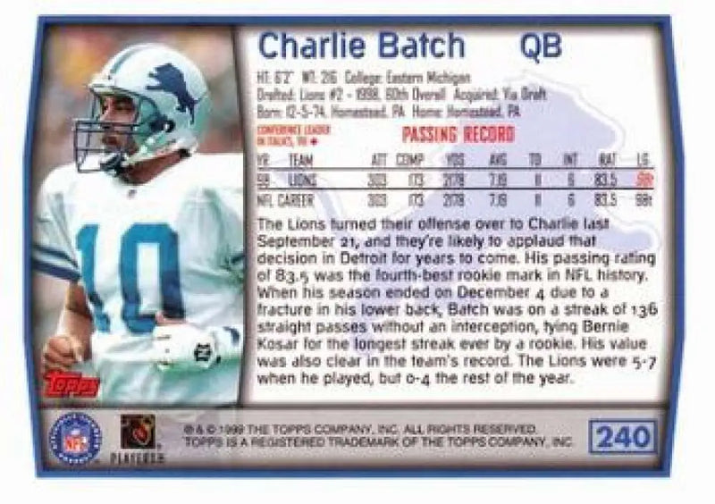 1999 Topps #240 Charlie Batch EX Excellent Detroit Lions Football Card - Football Card Single