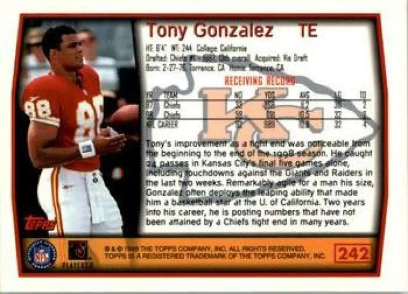 1999 Topps #242 Tony Gonzalez EX Excellent Kansas City Chiefs Football Card - Football Card Single
