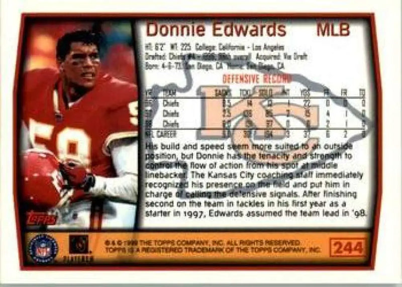 1999 Topps #244 Donnie Edwards EX Excellent Kansas City Chiefs Football Card - Football Card Single