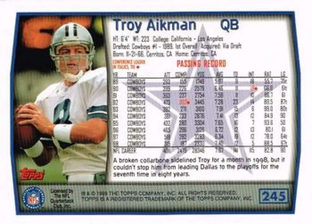 1999 Topps #245 Troy Aikman EX Excellent Dallas Cowboys Football Card - Football Card Single