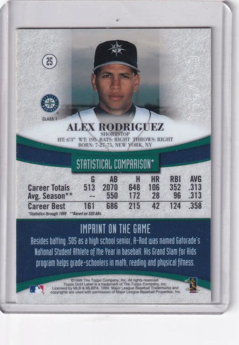 1999 TOPPS #25 ALEX RODRIGUEZ GOLD LABEL 56/100- SEATTLE MARINERS - Baseball Card Single