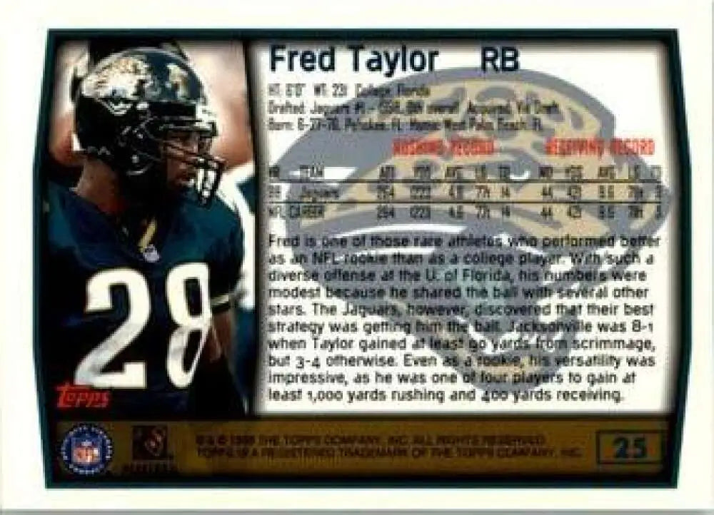 1999 Topps #25 Fred Taylor EX Excellent Jacksonville Jaguars Football Card - Football Card Single