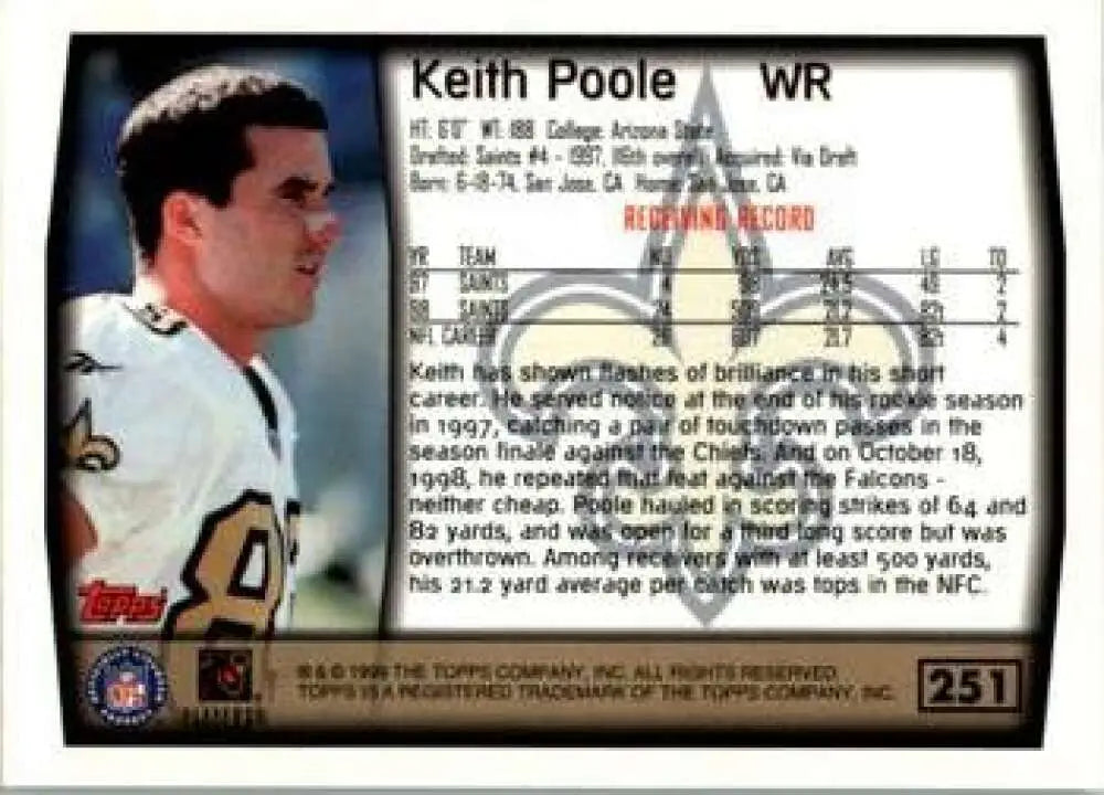 1999 Topps #251 Keith Poole EX Excellent New Orleans Saints Football Card - Football Card Single