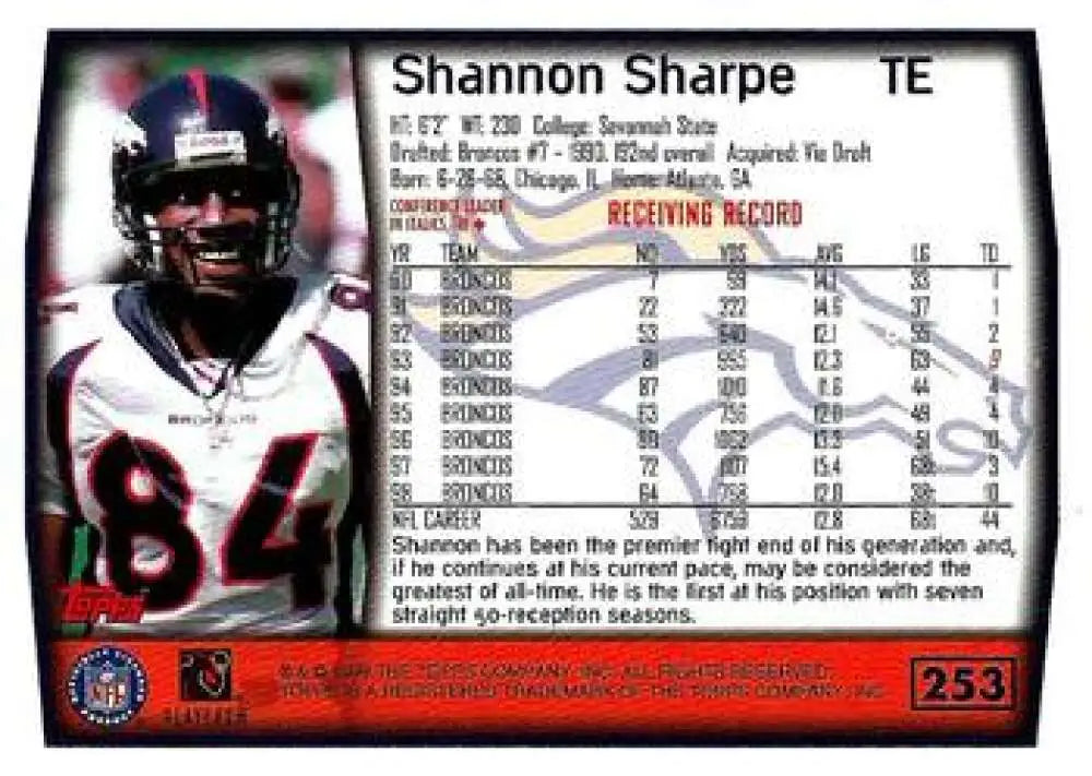 1999 Topps #253 Shannon Sharpe EX Excellent Denver Broncos Football Card - Football Card Single