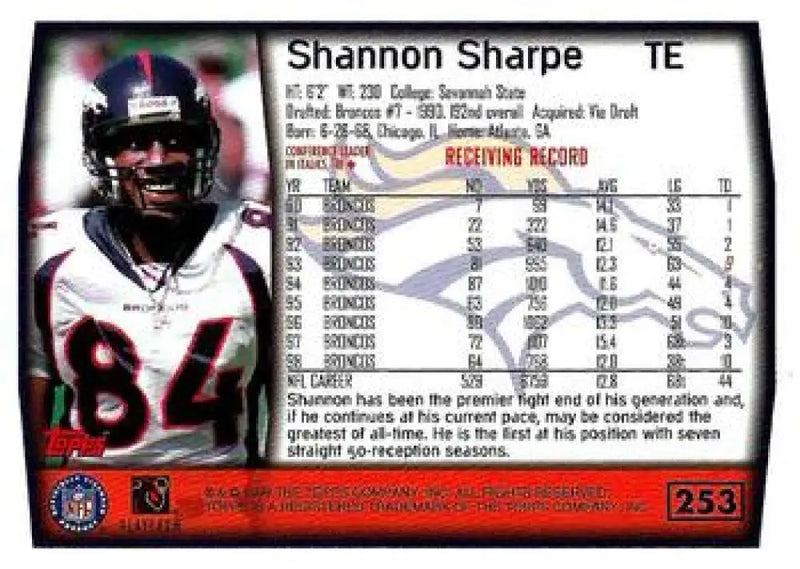 1999 Topps #253 Shannon Sharpe EX Excellent Denver Broncos Football Card - Football Card Single