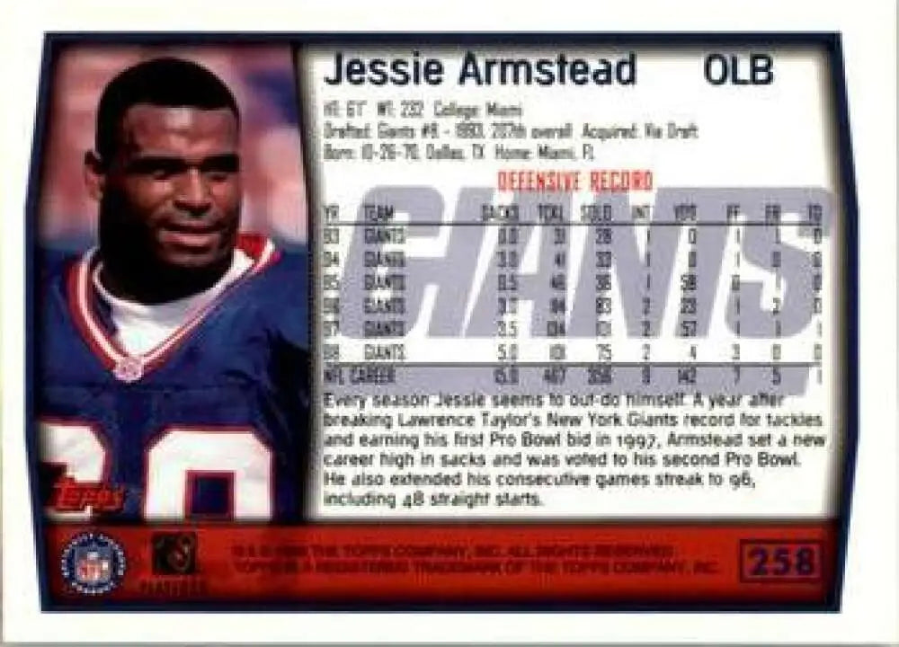 1999 Topps #258 Jessie Armstead EX Excellent New York Giants Football Card - Football Card Single