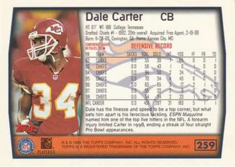 1999 Topps #259 Dale Carter EX Excellent Denver Broncos Football Card - Football Card Single