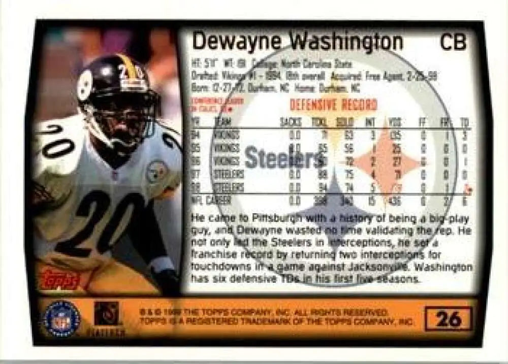 1999 Topps #26 DeWayne Washington EX Excellent Pittsburgh Steelers Football Card - Football Card Single
