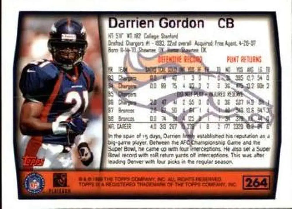 1999 Topps #264 Darrien Gordon EX Excellent Denver Broncos Football Card - Football Card Single