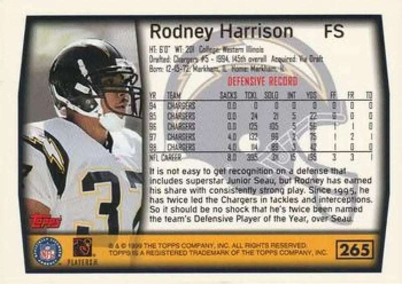 1999 Topps #265 Rodney Harrison EX Excellent San Diego Chargers Football Card - Football Card Single