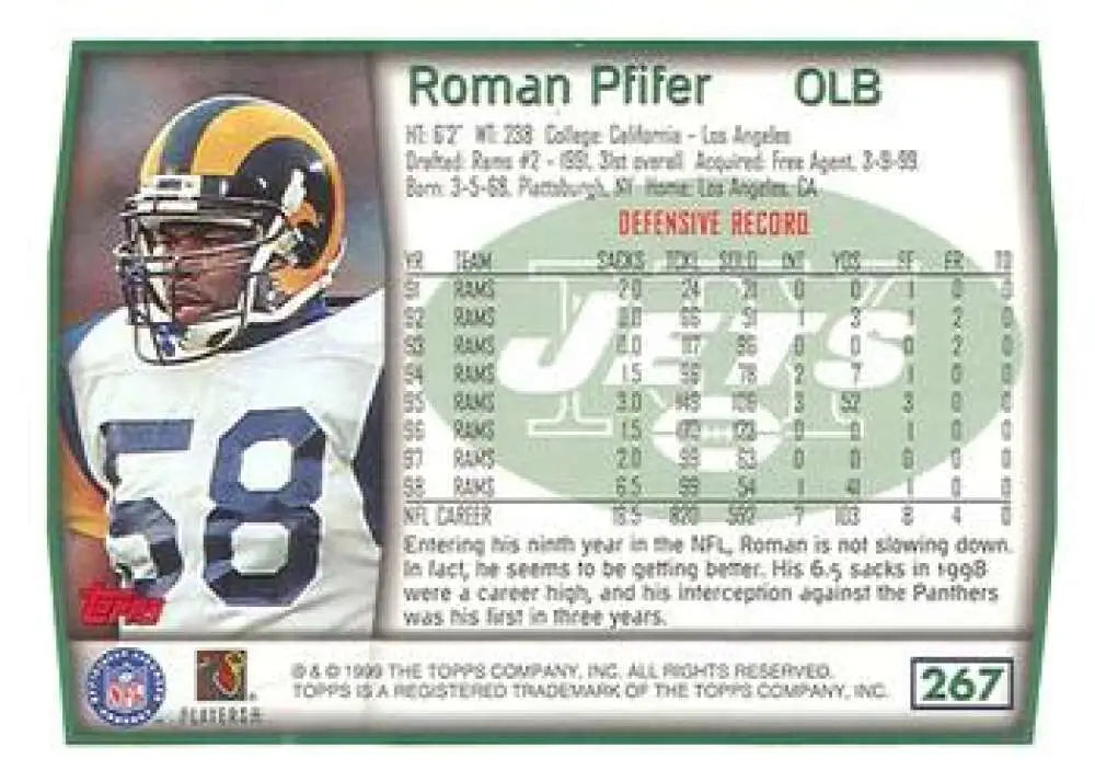 1999 Topps #267 Roman Phifer EX Excellent New York Jets Football Card - Football Card Single