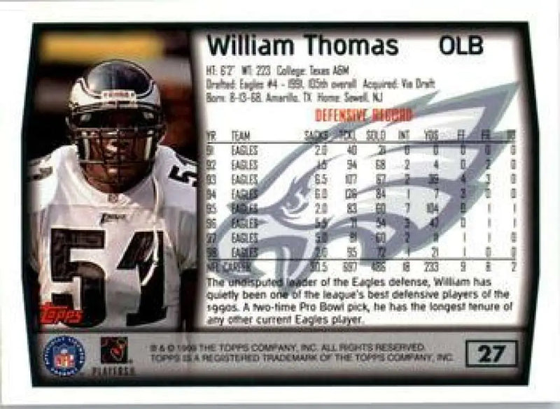 1999 Topps #27 William Thomas EX Excellent Philadelphia Eagles Football Card - Football Card Single
