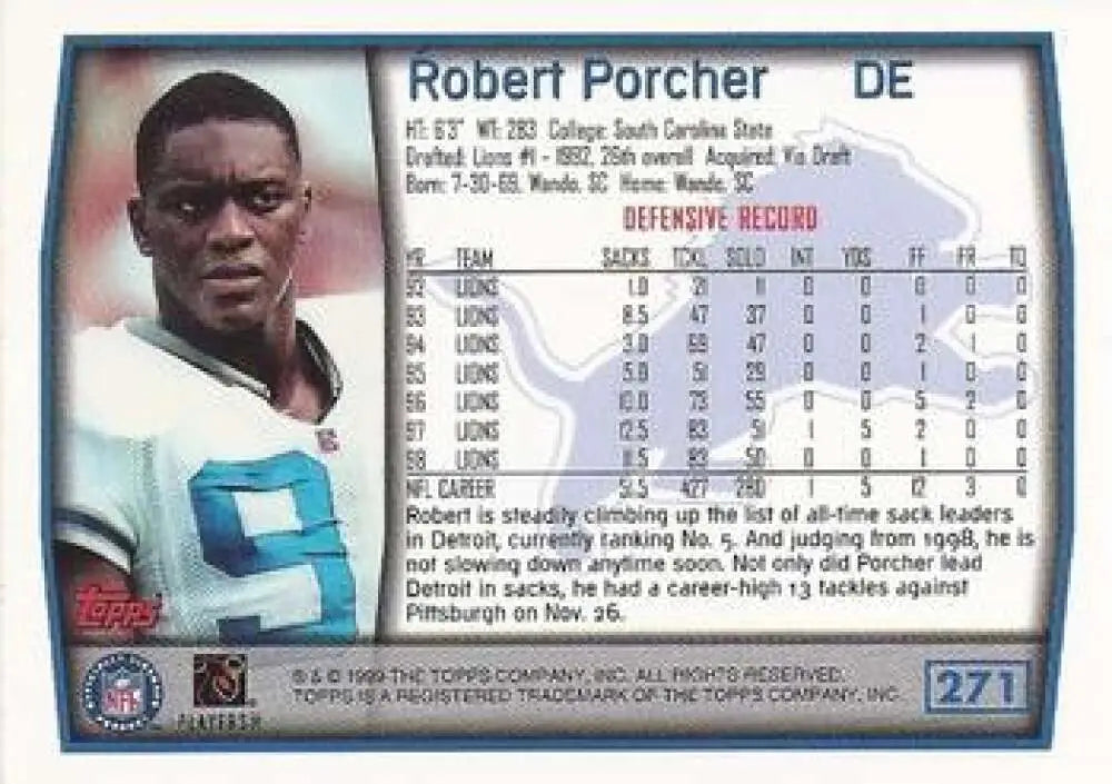 1999 Topps #271 Robert Porcher EX Excellent Detroit Lions Football Card - Football Card Single