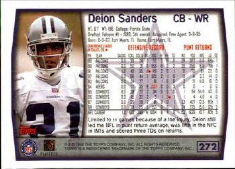 1999 Topps #272 Deion Sanders EX Excellent Dallas Cowboys Football Card - Football Card Single