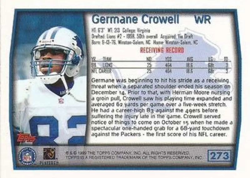 1999 Topps #273 Germane Crowell EX Excellent Detroit Lions Football Card - Football Card Single